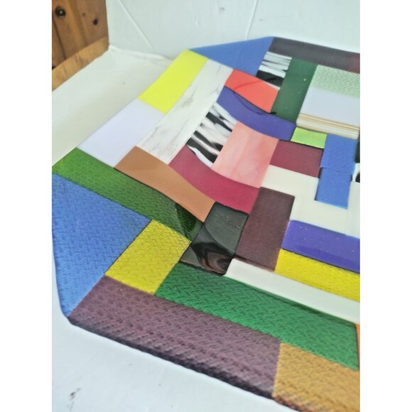 Rare Large Fused & Woven Mosaic Glass Plater 12.5" x 12.5" E&R Glass Labelled - Picture 4 of 16